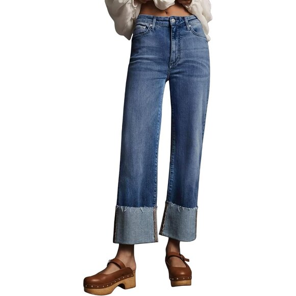 Denim - Womens High Waist Wide Leg Jeans Light Wash Cotton Polyester Elastane